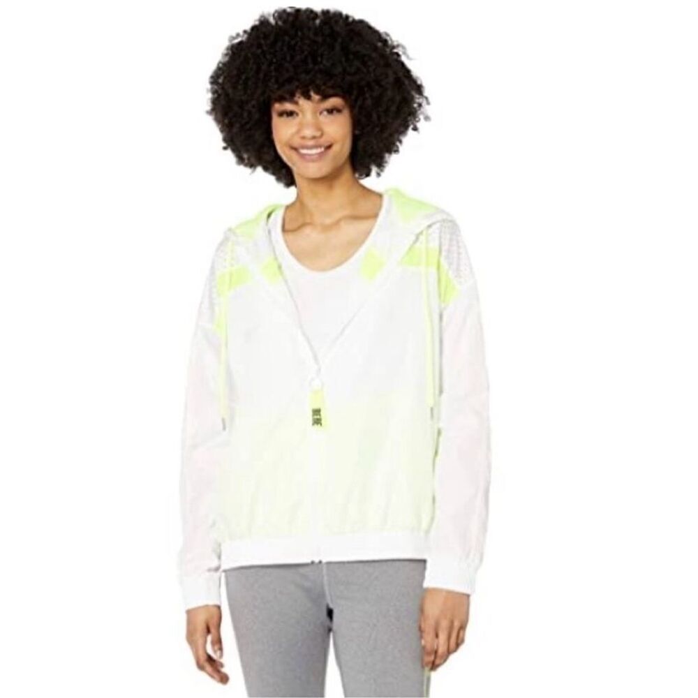 Bebe White Mesh & Neon Yellow Full Zip Windbreaker Rain Jacket sz 1X NWOT